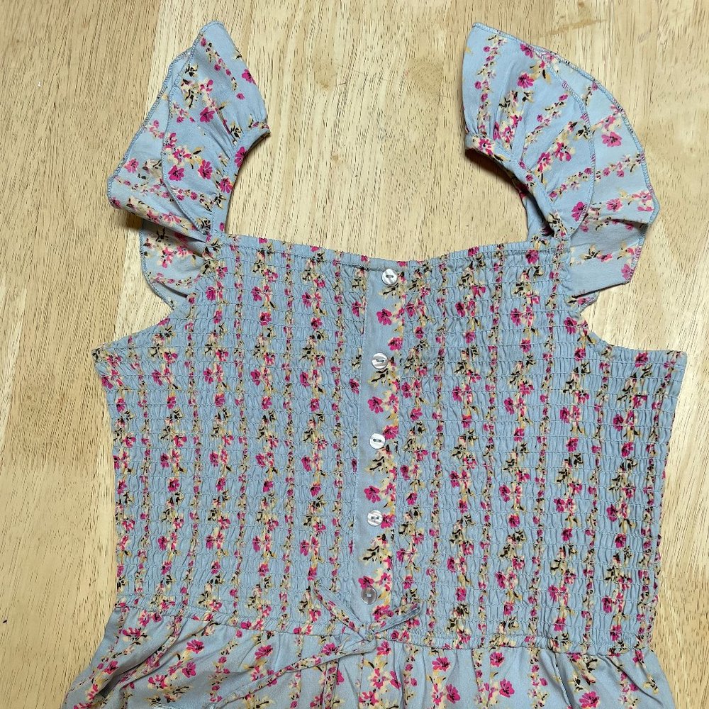 Japna Kids (girls) super-cute romper-light blue with tiny pink and white roses.